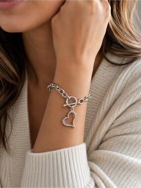 Silver Heart Charm Toggle Bracelet